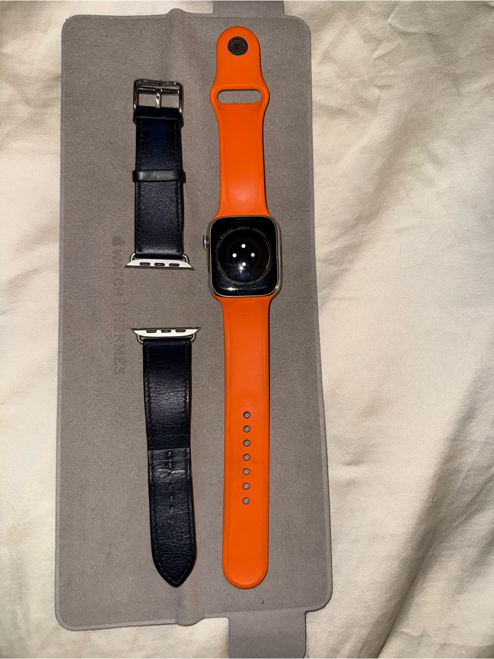 Apple Watch Hermes Series 8; Orange Sport Band and Navy Leather Strap Set w/ box